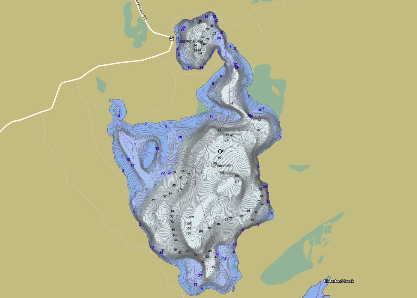 Contour Map of Livingstone Lake in Municipality of Algonquin Highlands and the District of Haliburton